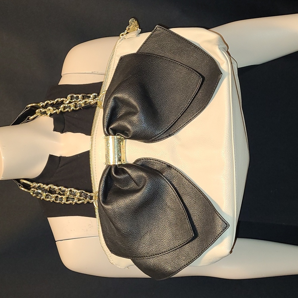 Betsey Johnson Black Bow and Tan Patterned Shoulder Bag